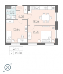 Двухкомнатная квартира 49.5 м²