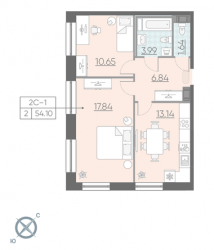 Двухкомнатная квартира 54.1 м²
