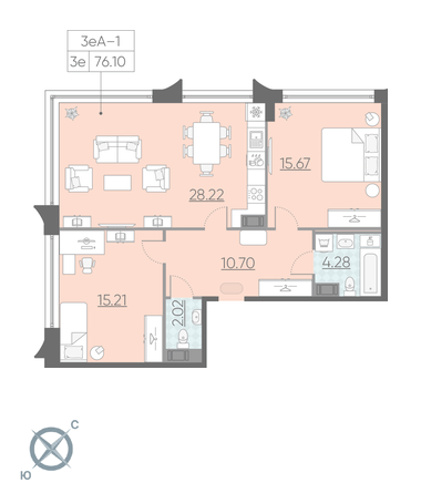 Двухкомнатная квартира 76.1 м²
