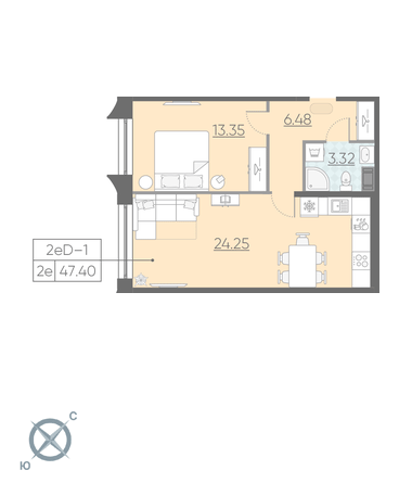 Однокомнатная квартира 47.4 м²