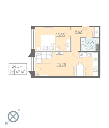 Однокомнатная квартира 47.4 м²