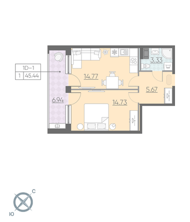 Однокомнатная квартира 45.44 м²