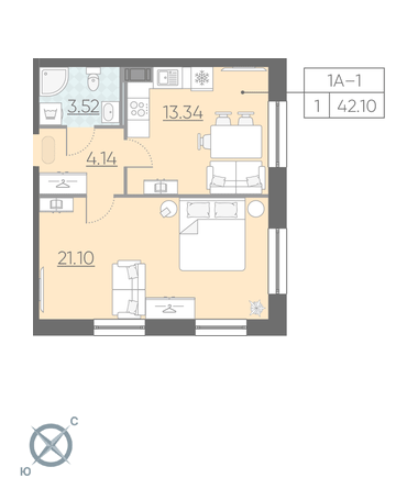 Однокомнатная квартира 42.1 м²