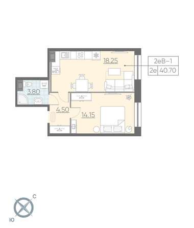 Однокомнатная квартира 40.7 м²