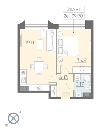 Однокомнатная квартира 39.9 м²