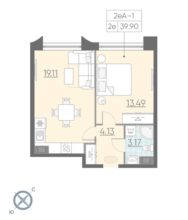Однокомнатная квартира 39.9 м²