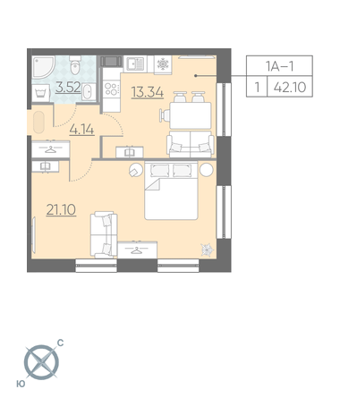 Однокомнатная квартира 42.1 м²