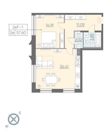 Однокомнатная квартира 57.6 м²