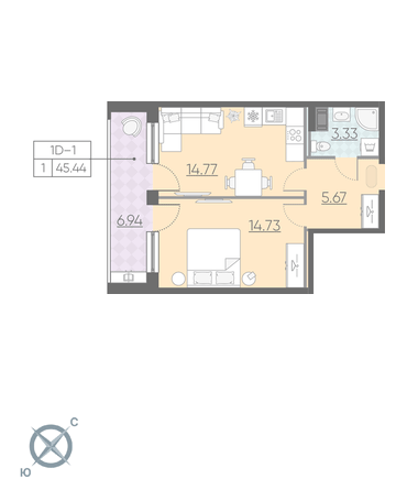 Однокомнатная квартира 45.44 м²