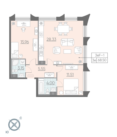 Двухкомнатная квартира 68.5 м²