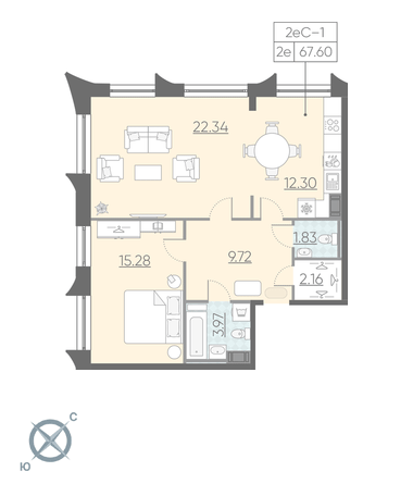 Однокомнатная квартира 67.6 м²