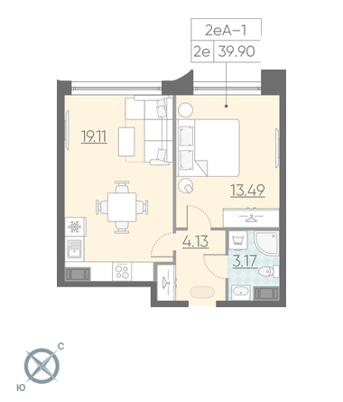 Однокомнатная квартира 39.9 м²