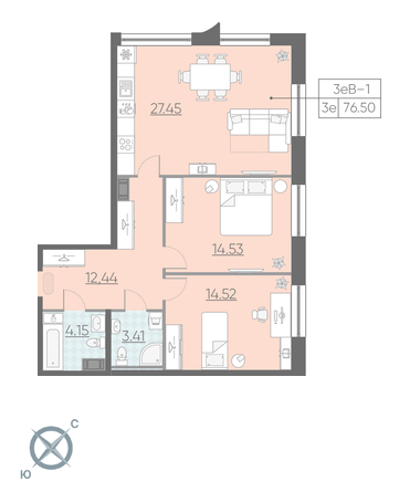 Двухкомнатная квартира 76.5 м²