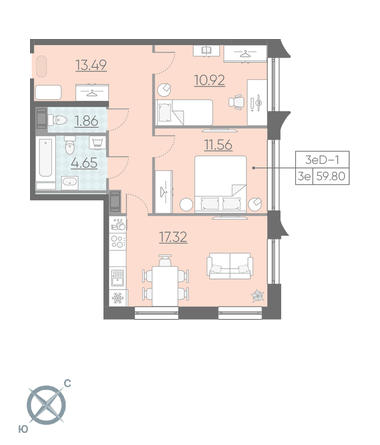 Двухкомнатная квартира 59.8 м²