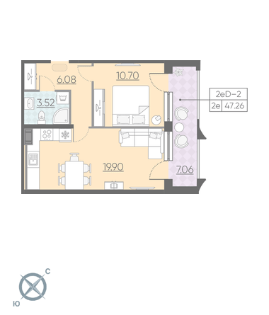 Однокомнатная квартира 47.26 м²