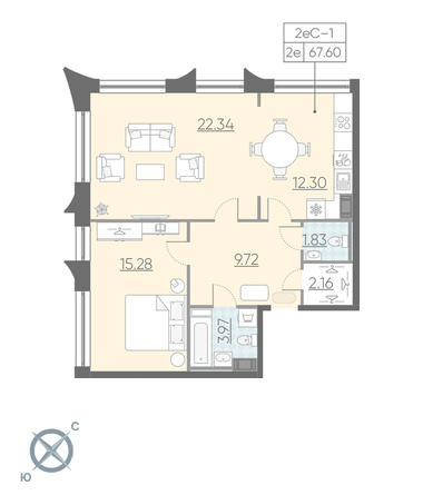 Однокомнатная квартира 67.6 м²
