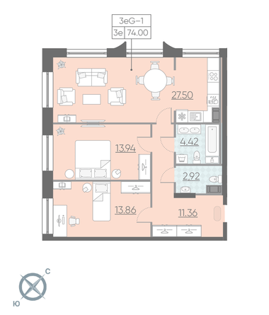 Двухкомнатная квартира 74 м²