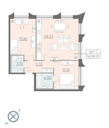 Двухкомнатная квартира 68.5 м²