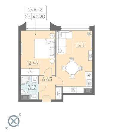 Однокомнатная квартира 40.2 м²