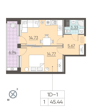 Однокомнатная квартира 45.44 м²