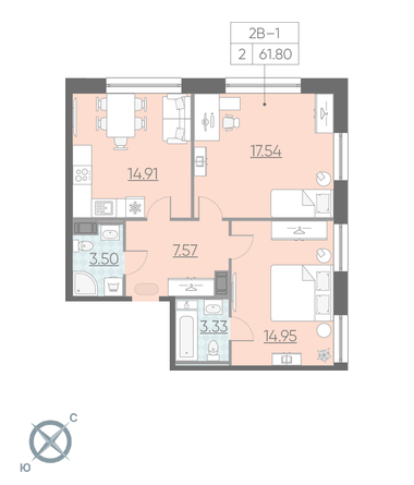 Двухкомнатная квартира 61.8 м²
