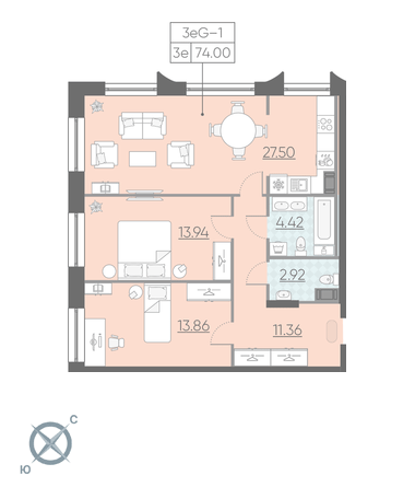 Двухкомнатная квартира 74 м²