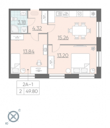 Двухкомнатная квартира 49.8 м²
