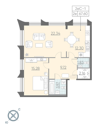Однокомнатная квартира 67.6 м²